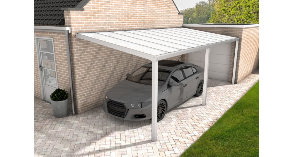 Aluminium aanbouwcarport Velvetline wit (RAL9010) - Polycarbonaat dak - 400x700 cm